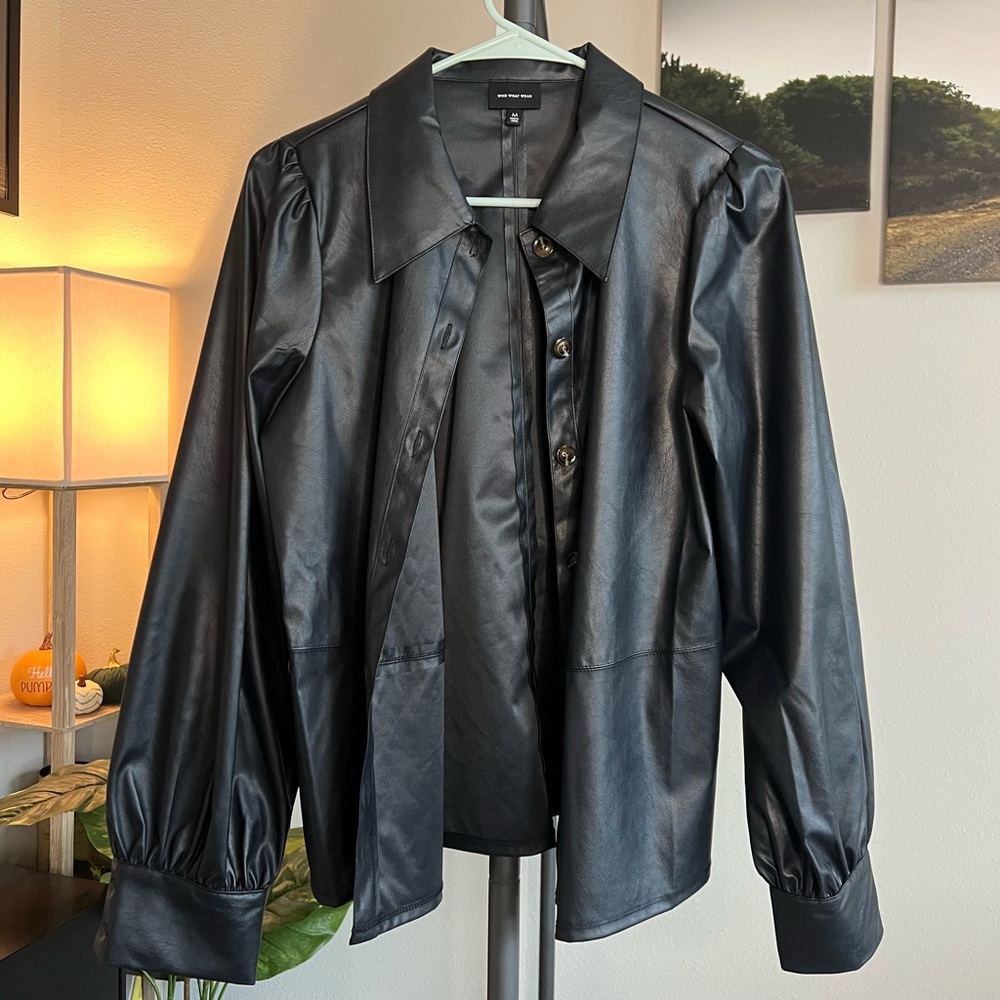 Faux leather button down blouse medium
